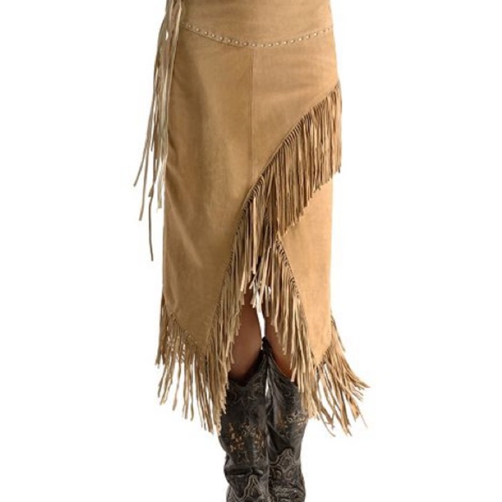 Fringe Wrap Suede Midi Skirt - Tan